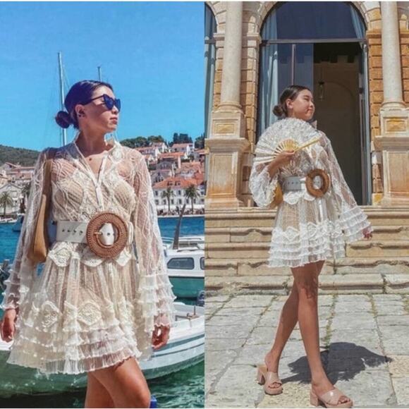 Alexis Perlina Ivory Lace Embroidered Swiss Dot Ruffled Sheer Mini Dress Small - Picture 1 of 9
